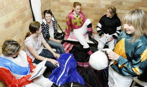 Female jockeys, from left, Lorna Cook, Dallas Van Bekkan, Kasie Stanley, Priscilla Schimdt, Samantha Munro and Gaby Coleman in their tiny confines at the Lismore Turf Club on Saturday. They are hoping to raise money for bigger women jockeys’ rooms at the club. Female jockeys, from left, Lorna Cook, Dallas Van Bekkan, Kasie Stanley, Priscilla Schimdt, Samantha Munro and Gaby Coleman in their tiny confines at the Lismore Turf Club on Saturday. They are hoping to raise money for bigger women jockeys’ rooms at the club.